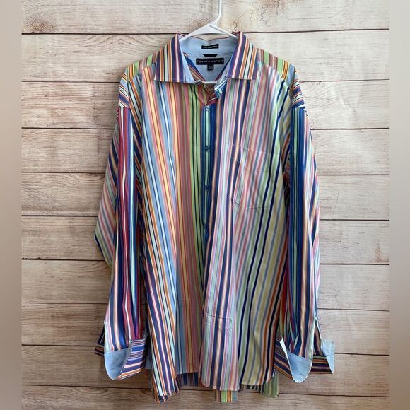 VINTAGE TOMMY HILFIGER BRIGHT MULTICOLORED STRIPES SHIRT - Picture 1 of 10